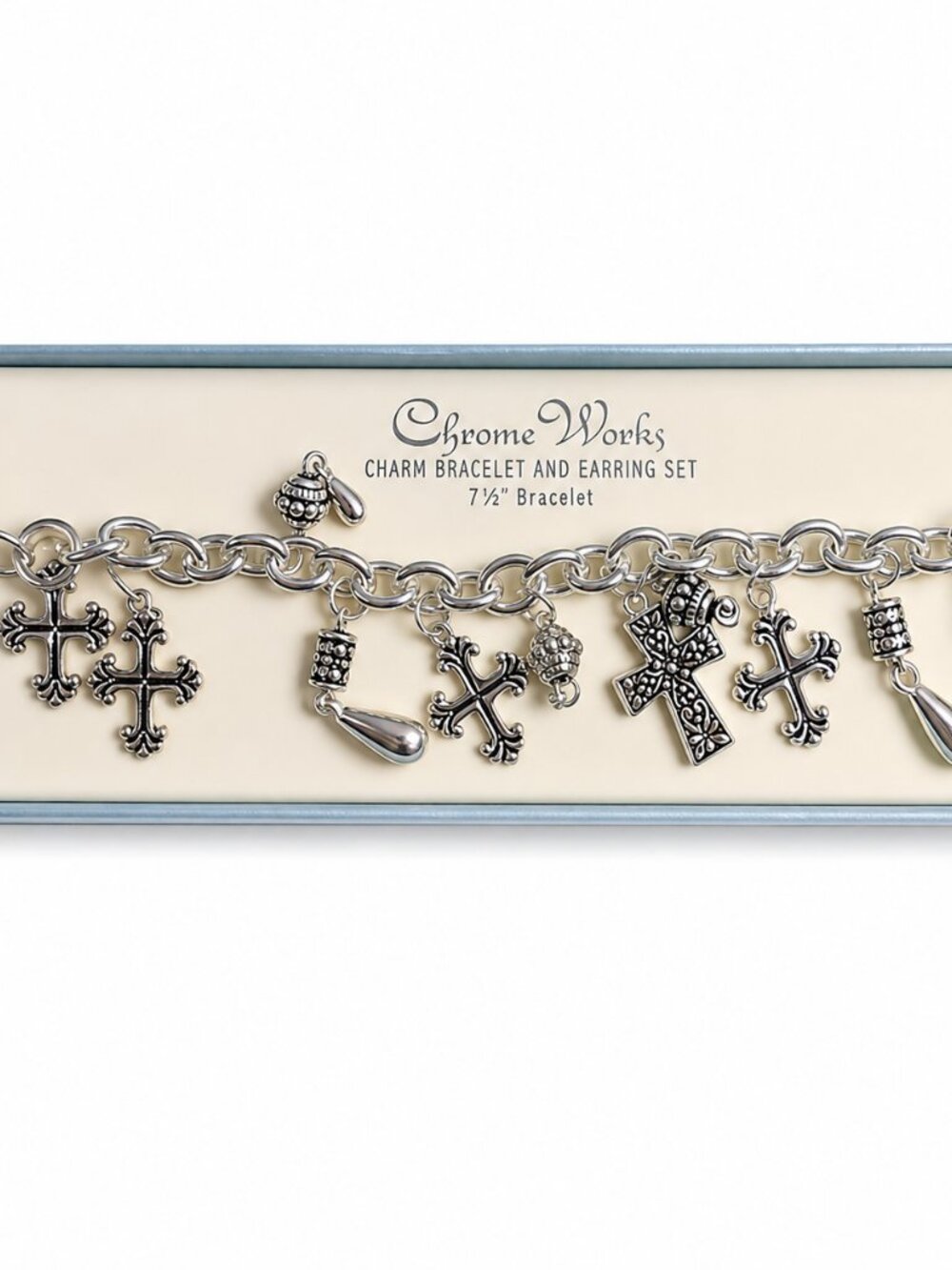 Chrome Works Charm Bracelet and Earring Set – Silver Tone Cross Design‎ NIB